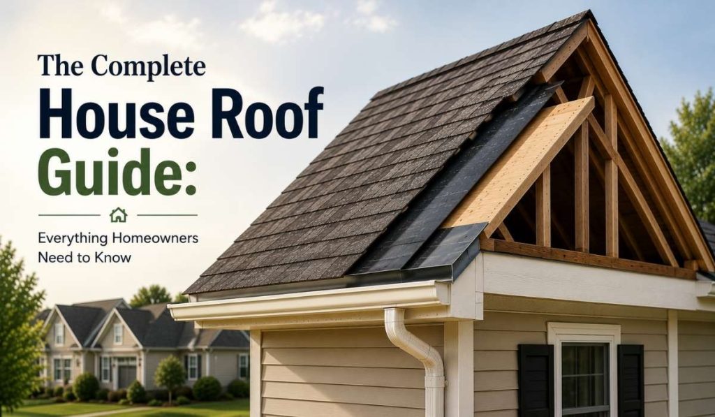 Complete house roof guide featured image showing a residential roof with asphalt shingles, roof structure, and gutter system