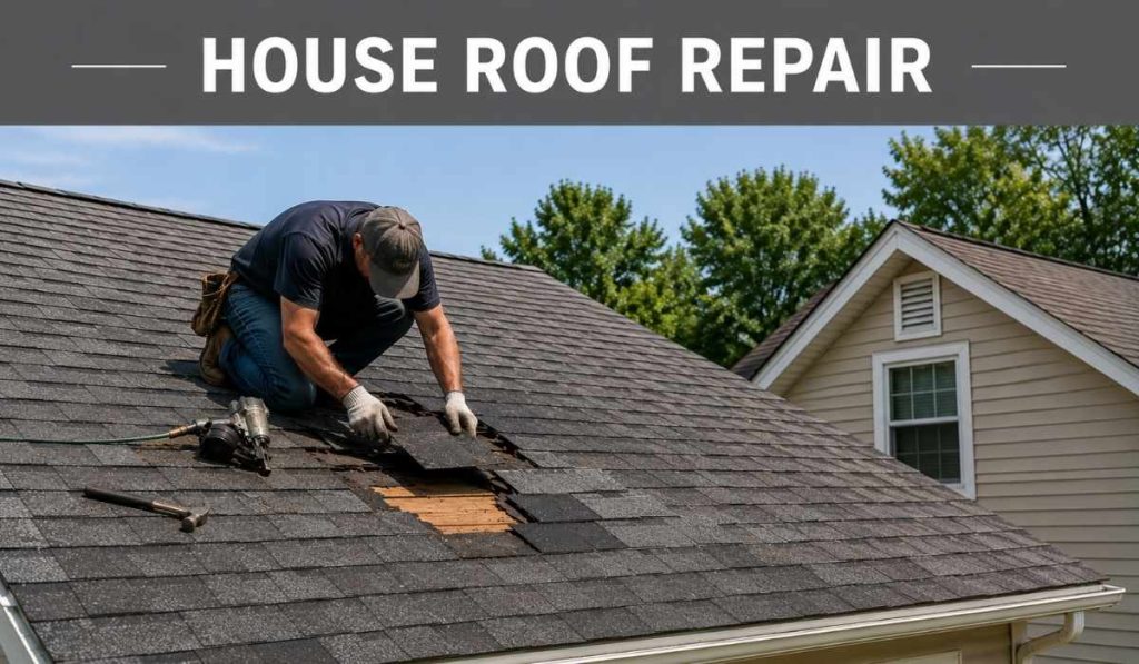 House roof repair showing a roofing contractor replacing damaged asphalt shingles