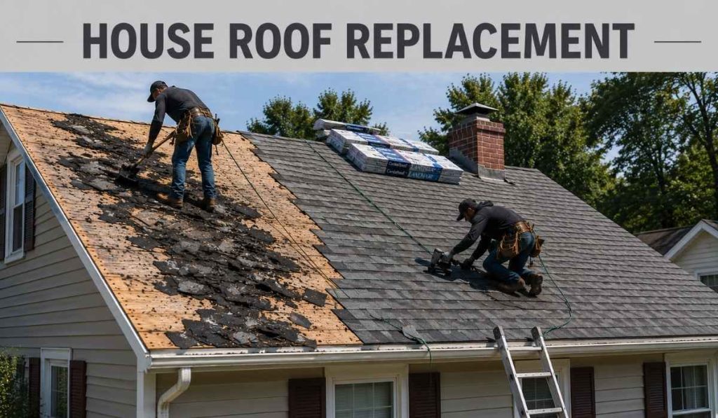 Complete house roof replacement showing contractors removing old shingles and installing a new roofing system