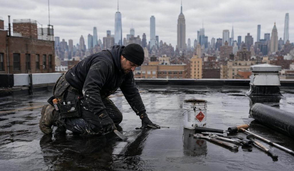 Professional roofer repairing leaking flat roof in NYC residential building
Roof Leak Repair Cost