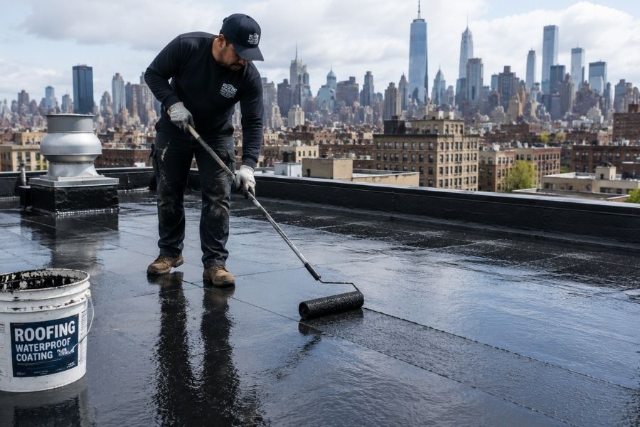 Professional roofer applying waterproof coating on a clean flat roof in NYC with modern skyline background and reflective roofing membrane.
