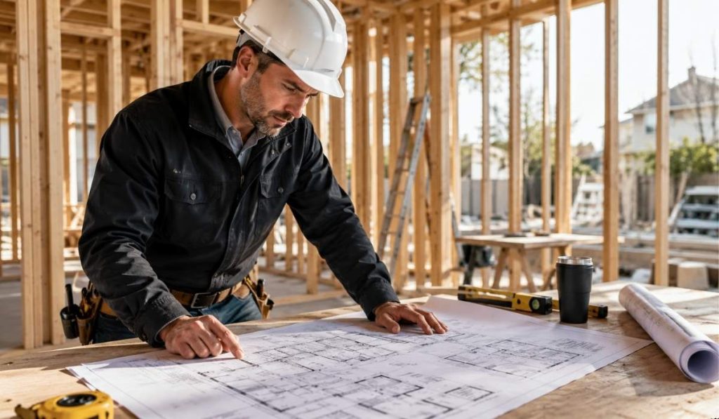 General contractor reviewing construction blueprints at a residential job site in Brooklyn, Queens, Manhattan, Bronx, Staten Island, and across NYC before starting a home renovation project.