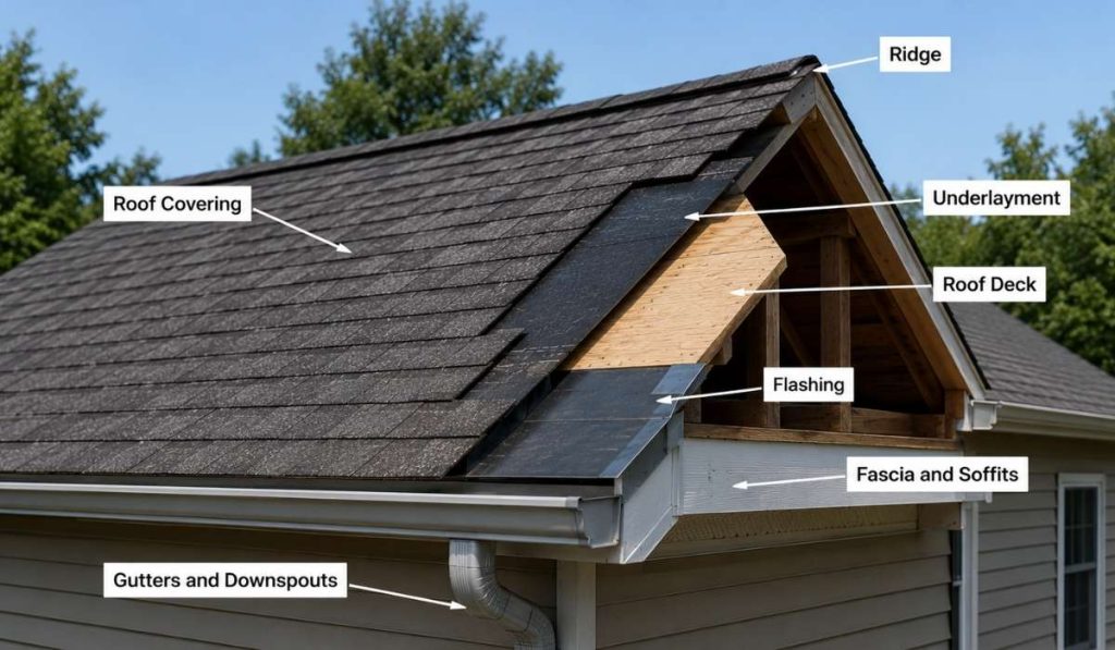 House roof parts diagram showing roof covering, roof deck, underlayment, flashing, ridge, fascia, soffits, gutters, and downspouts
