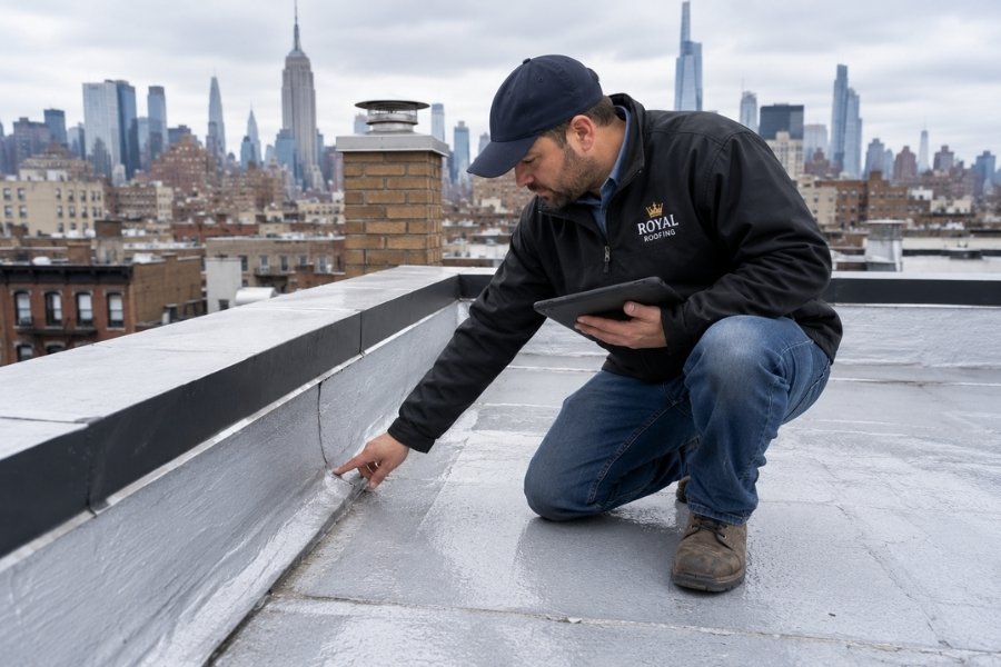 Professional roofing contractor inspecting roof flashing and leak areas on a clean residential NYC flat roof with tablet in hand.

