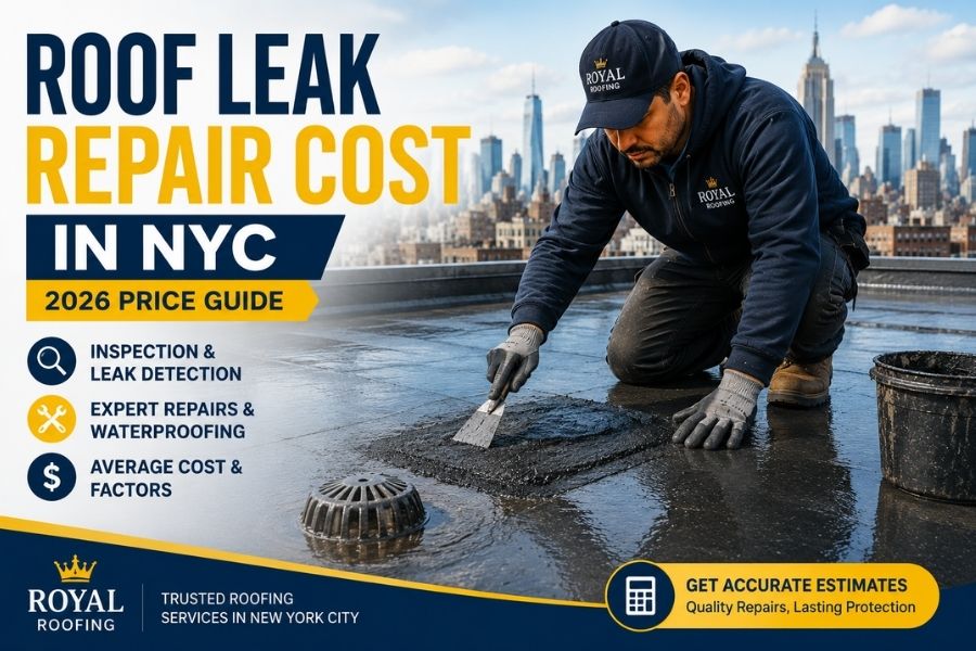 Professional roofer repairing a flat roof leak in NYC with waterproof roofing membrane, roof drain, and modern skyline background.
