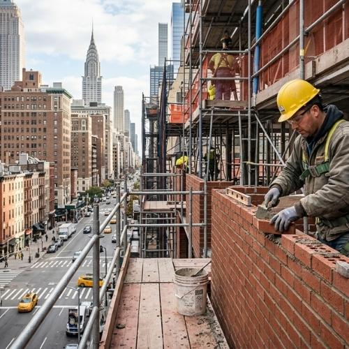 Masonry construction in NYC with bricklaying worker, stone materials, and city skyline showing residential and commercial building work