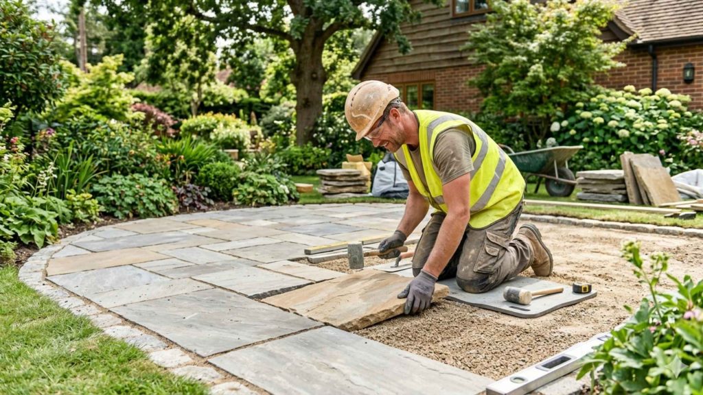 A craftsman carefully installs a natural stone paver patio in a lush garden setting.