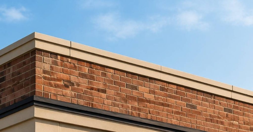 Close-up of a brick parapet wall above a roofline with coping under a clear blue sky