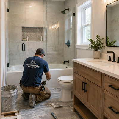 Skilled worker providing bathroom renovation services in modern space