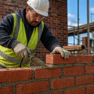 Worker performing brick masonry service by laying red bricks with fresh mortar, showing professional wall construction and skilled craftsmanship.