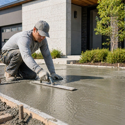 Worker smoothing fresh concrete slab at a clean residential construction site, showing professional concrete work and smooth finishing.