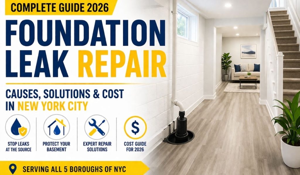 Bright featured image showing a clean modern basement with wall crack and sump pump, with text overlay about foundation leak repair in New York City.
