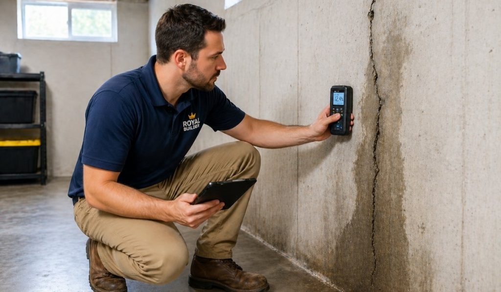 Contractor inspecting cracked basement wall for foundation leak repair in NYC