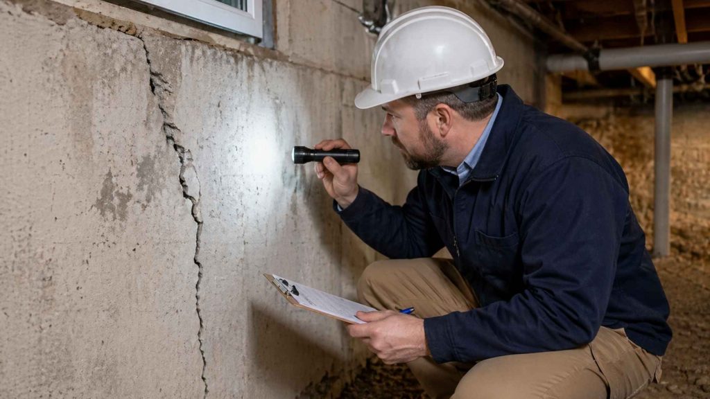 Foundation contractor inspecting a cracked basement wall in NYC home to estimate foundation repair cost and structural damage.
