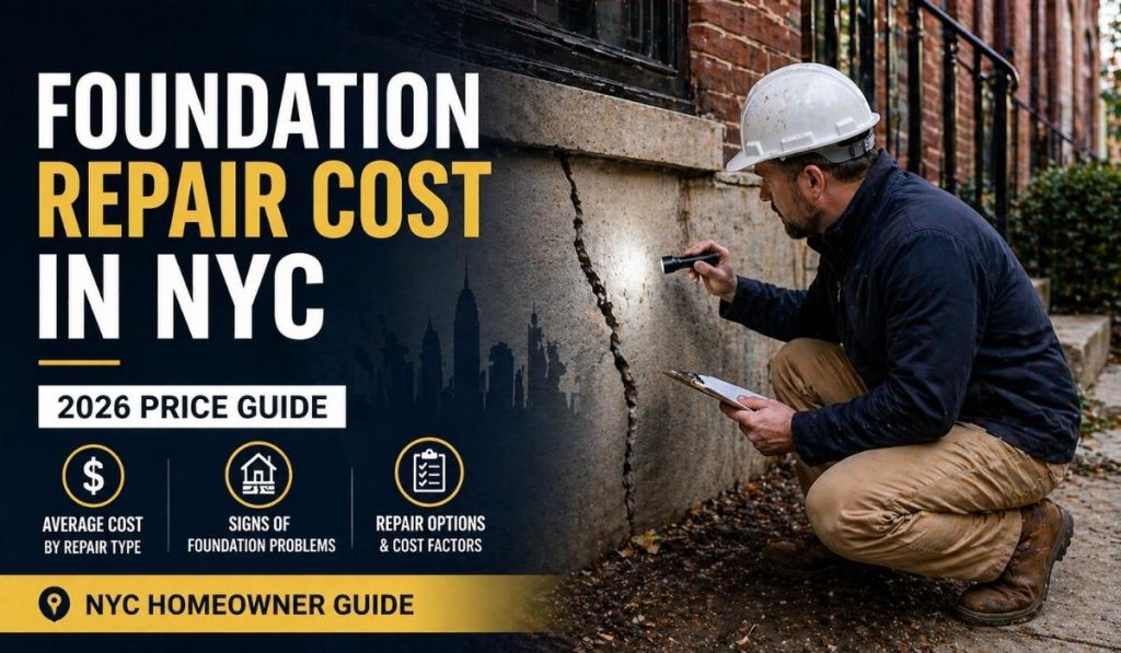 Contractor inspecting cracked home foundation wall in NYC for foundation repair cost estimate