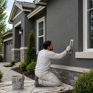Professional worker in uniform performing exterior home renovation work