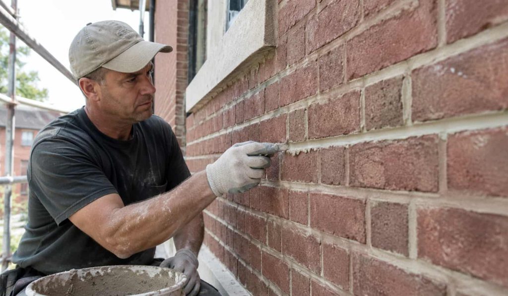 Professional mason performing tuckpointing repair on a brick wall to restore damaged mortar joints. what is tuckpointing