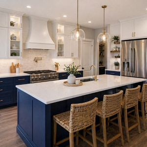White and blue kitchen remodel with island and stainless appliances