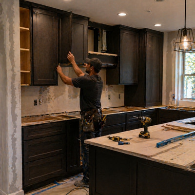 Clean kitchen remodel design with white cabinets and blue base
