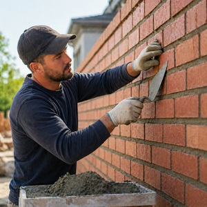 Worker performing brick masonry repair by applying mortar to a red brick wall, showing skilled craftsmanship and professional masonry service.