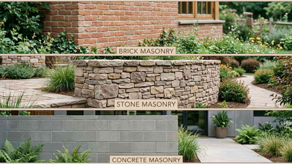 A detailed visual guide to three types of masonry work. This collage compares the appearance of red brick, natural stone, and grey concrete blocks as building materials for exterior finishes.