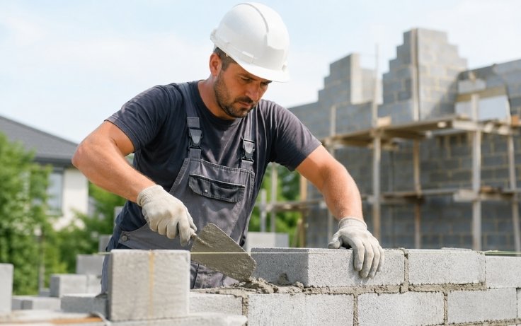 Masonry construction in NYC with bricklaying worker, stone materials, and city skyline showing residential and commercial building work