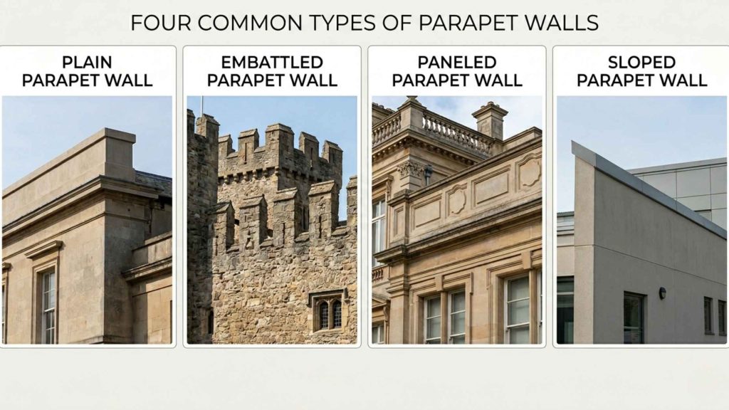 An educational architectural chart illustrating four distinct types of parapet walls: plain, embattled, paneled, and sloped, as shown in the architectural sketches below.