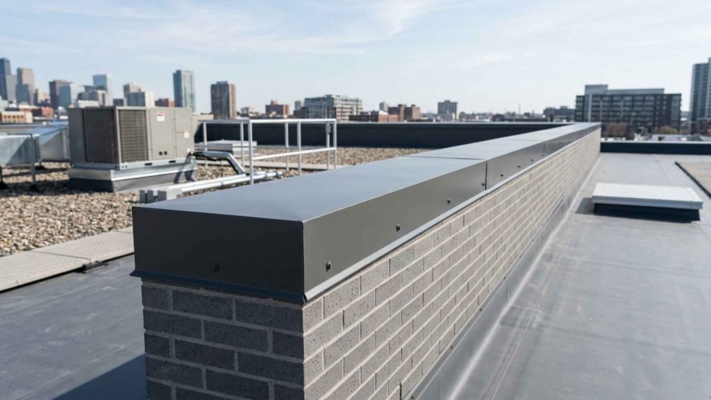 Properly installed metal roof coping on a commercial parapet wall