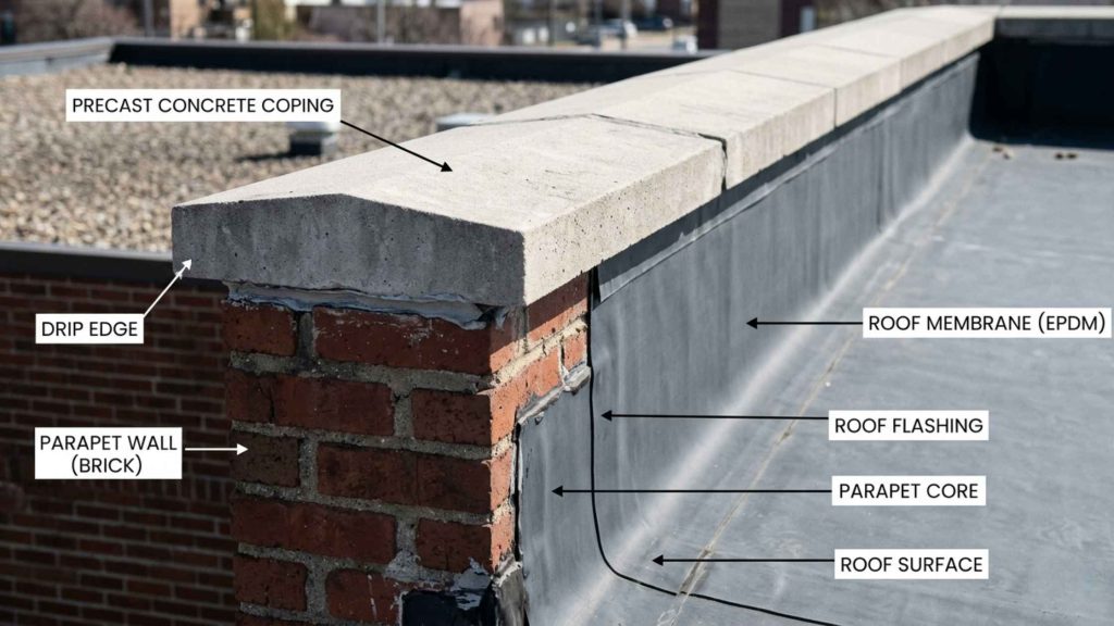 Roofing cop installed on a parapet wall