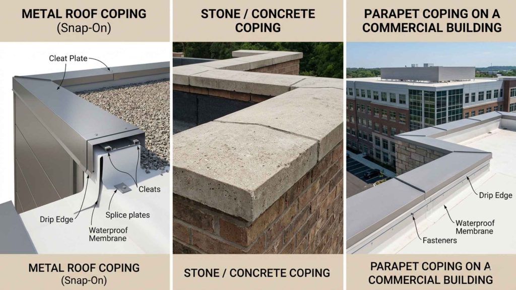 Different types of roofing cop including metal roof coping on commercial buildings