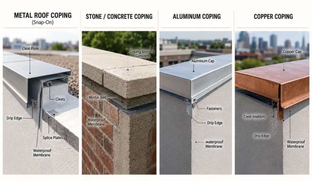 Types of roof coping including metal, stone, aluminum, and copper coping installed on commercial parapet walls.
roofing cop