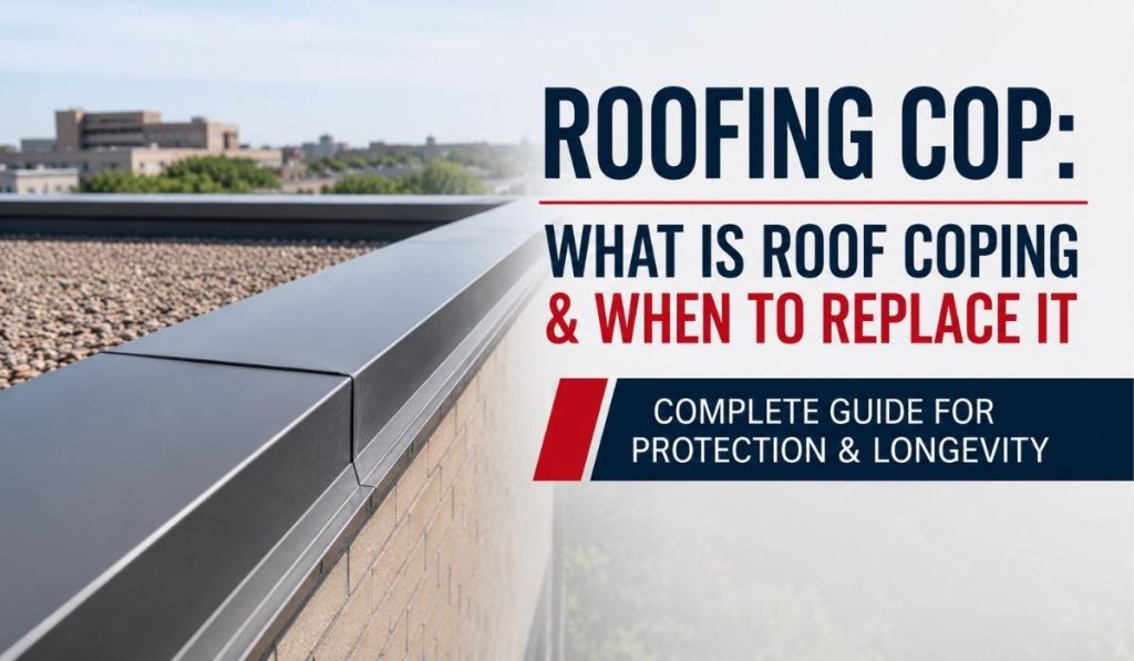 Roofing cop explained with metal roof coping installed on a commercial parapet wall to protect the roof edge from water damage.