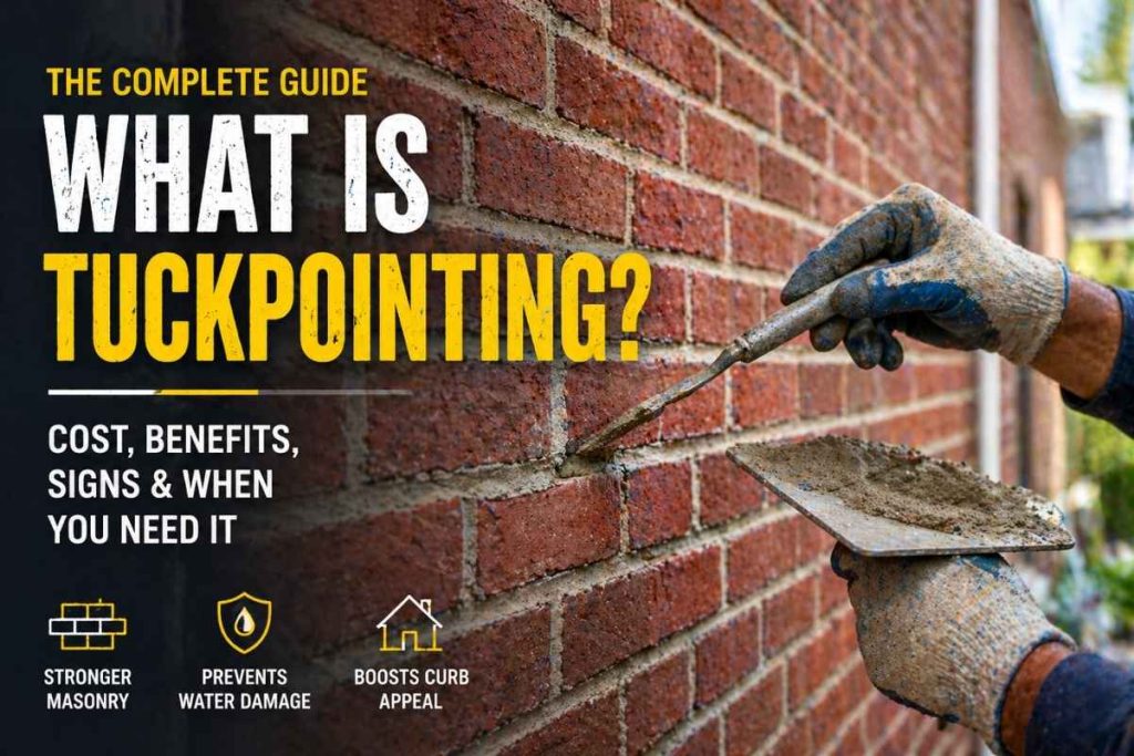 what is tuckpointing featured image showing contractor repairing brick wall mortar joints