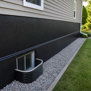 Finished exterior waterproofing on foundation wall with clean membrane coating, proper drainage layer, and neat landscaping around the home
