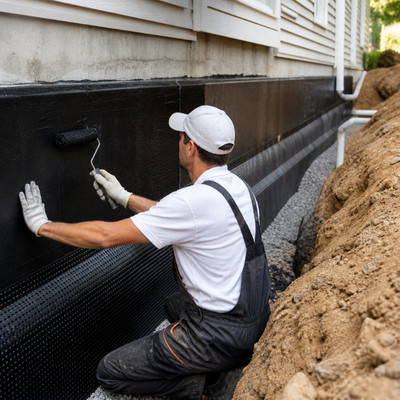 Worker applying exterior waterproofing membrane to a foundation wall, sealing and protecting the structure from moisture and water damage