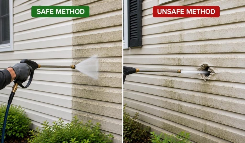 pressure washing siding using safe soft washing method on vinyl house exterior