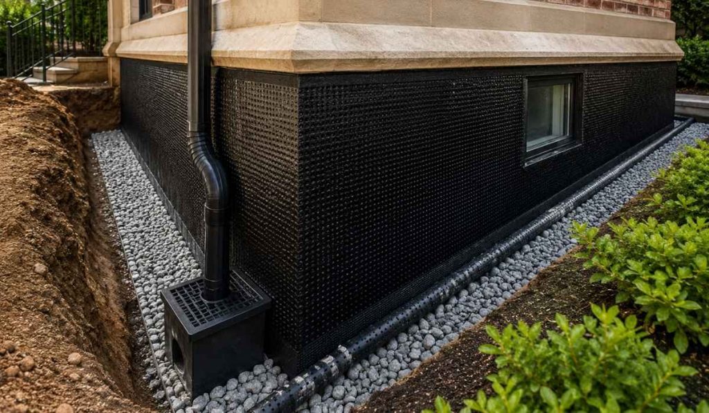 Professional basement waterproofing system with exterior waterproof membrane and drainage installation around residential foundation in NYC