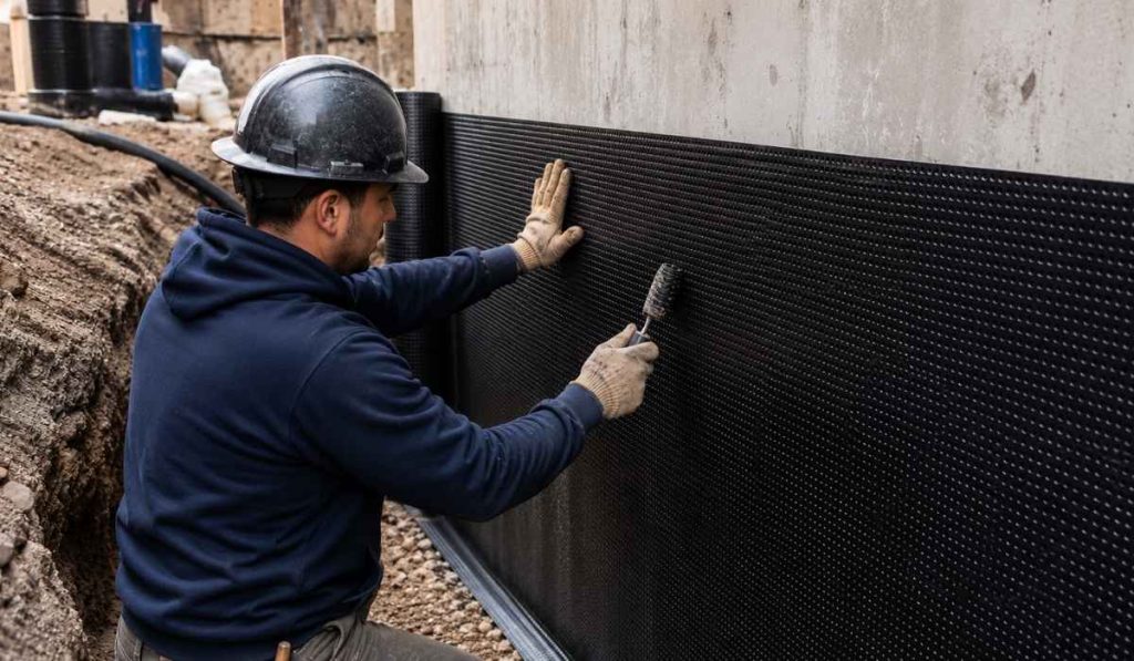 Basement Waterproofing Cost 
**Alt Text:**
Professional contractor applying waterproof membrane on basement foundation wall during basement waterproofing project in NYC
