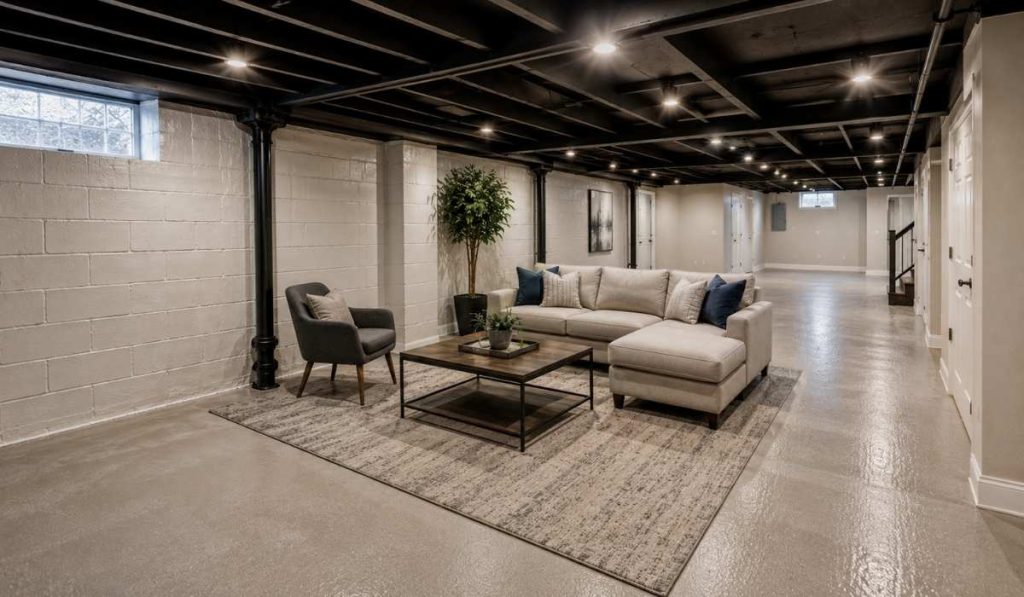 **Alt Text:**
Modern finished basement after waterproofing with dry walls, moisture-free flooring, and clean basement interior in NYC home
