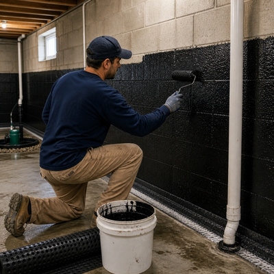 builder applying basement waterproofing coating on concrete wall using roller for moisture protection