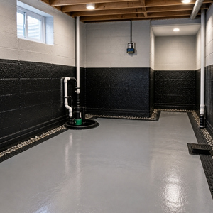 finished basement waterproofing system with sealed walls, drainage channel and sump pump installed for moisture protection