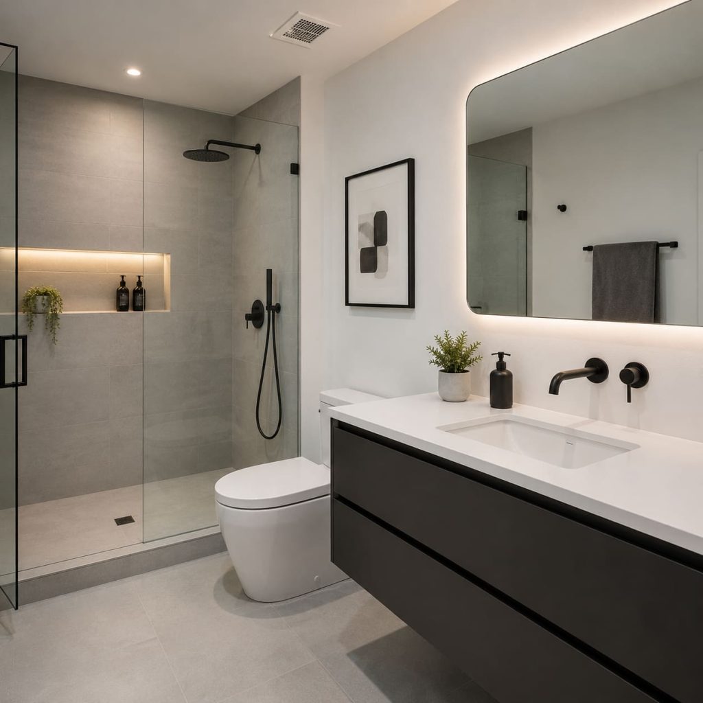 Modern bathroom renovation with floating vanity, frameless glass shower, matte black fixtures, minimalist tile design, soft lighting, and clean contemporary bathroom interior.