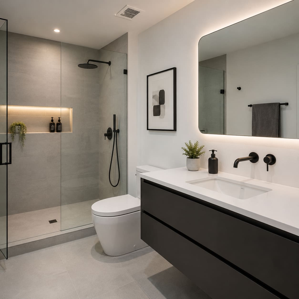 Modern bathroom renovation with floating vanity, frameless glass shower, matte black fixtures, minimalist tile design, soft lighting, and clean contemporary bathroom interior.