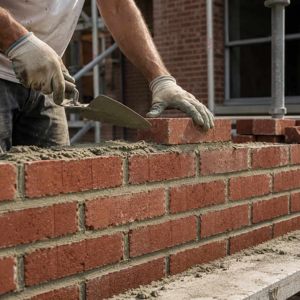 Realistic masonry worker laying red bricks with mortar during exterior brick wall construction project.