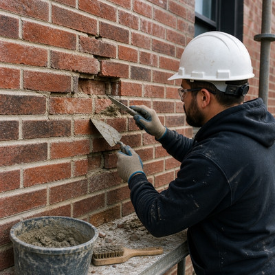 Brick restoration worker repairing damaged brick wall with mortar and tools