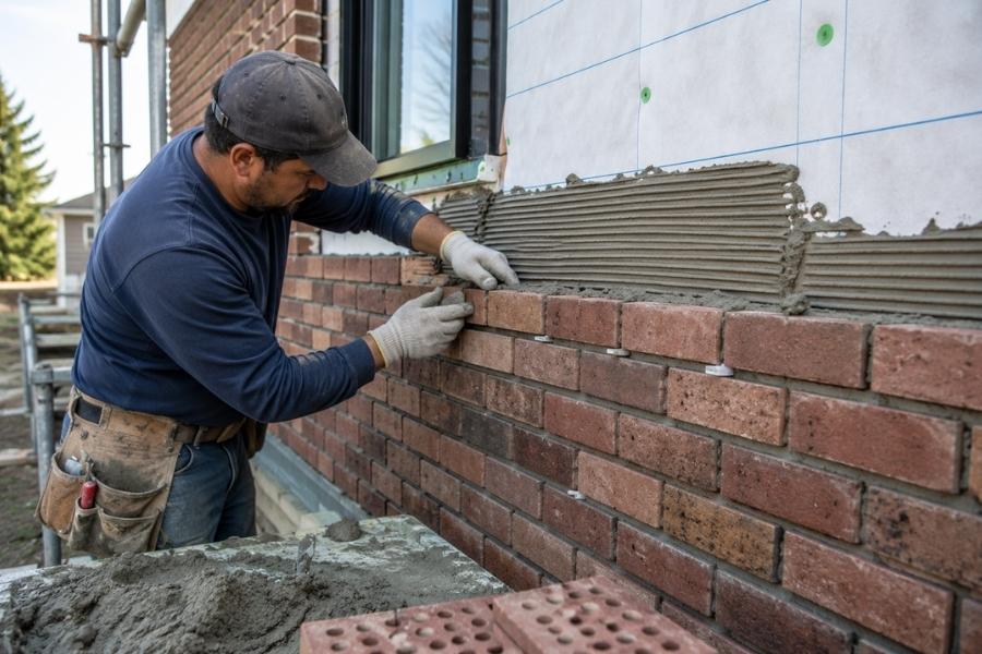 contractor performing brick veneer installation