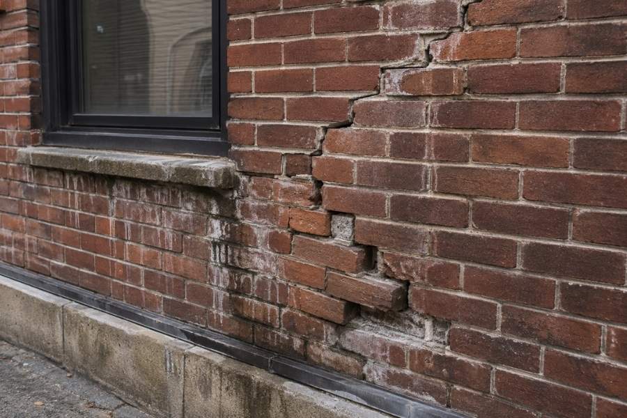 Damaged brick veneer wall with cracked mortar joints, loose bricks, and visible water damage on NYC masonry exterior.
