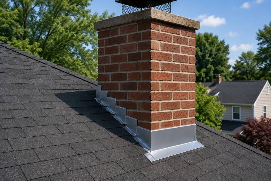 clean chimney flashing installation around brick chimney on asphalt shingle roof