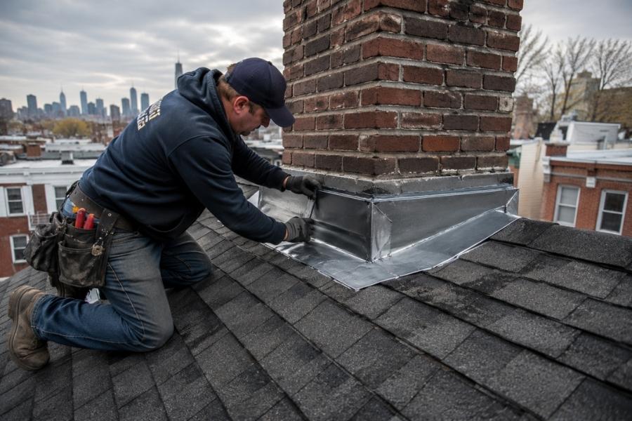 contractor performing chimney flashing repair on leaking roof in NYC