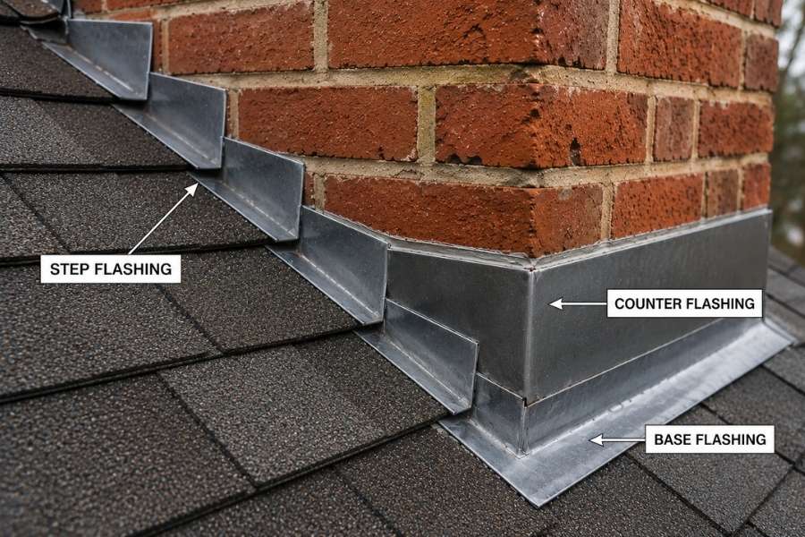 step flashing and counter flashing installed around brick chimney roof